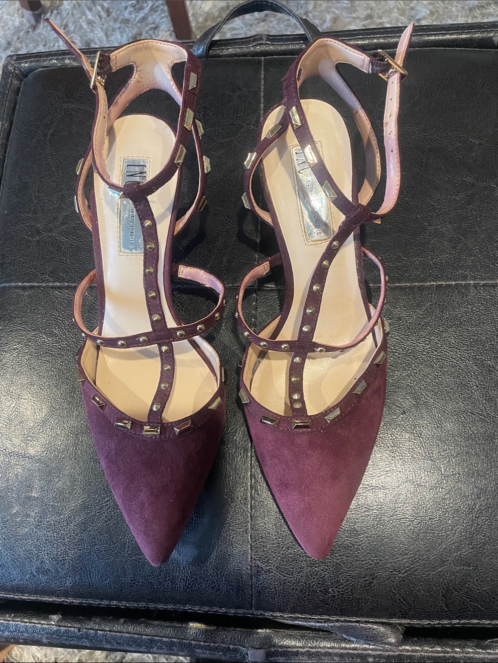 INC Burgundy Suede Strappy Studded Heels size 7